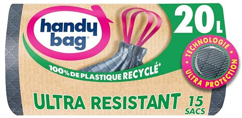 Handy Bag - Sacs poubelle à poignées coulissantes Ultra Résistant 20L x 15 sacs - Ultra Protection : trame et film triple épaisseur - Fond anti-fuite - Étanchéité maximale - 100% plastique recyclé