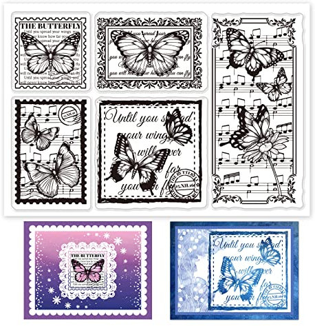 GLOBLELAND Schmetterling Manuskript Klare Briefmarken für DIY Scrapbooking Dekor Vintage Stempel Wort Blumen Tier Insekt Blumen Transparente Silikonstempel für die Herstellung von Karten Fotoalbum
