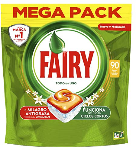 Fairy Todo En Uno Pastillas Lavavajillas, 90 cápsulas, Elimina Grasa Reseca, Detergente Lavavajillas, Fragancia Naranja, El embalaje puede variar