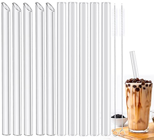 TRUEIN 10 Glass Straws for Drinking, 14MM Wide Mouth Clear Glass Straw, Long Straight Glass Straw, Reusable Smoothies Straws with 2 Cleaning Brush for Bubble Tea, Hot & Cold Drinks