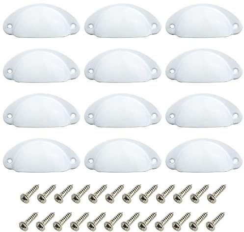 CEEYSEE 12Pcs Cup Handles for Drawers 81 X 35mm Shell Pull Handles Vintage Antique Drawer Semicircle Handle Furniture Door Knobs Handles with Screws (KLSB/White)