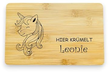 Individuelles Bambusbrett mit Gravur für Kinder - Personalisiertes Frühstücksbrettchen - 25 niedliche Motive - Brettchen mit Namen - ca. 22 x 14 cm (Einhorn)