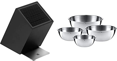 WMF FlexTec Messerblock, schwarzlackierter Messerhalter für bis zu 15 Küchenmesser, vielseitiges FlexTec Design & Gourmet Schüsselset 4-teilig, Edelstahl Schüsseln für die Küche 1,0l - 3,5l