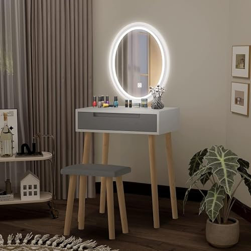 Fullwatt Schminktisch mit Beleuchtung und Spiegel, mit 3 Farben LED-Beleuchtung, Schublade, Gepolsterter Hocker und Make-up-Organizer Eiche Ovaler-Eiche (Ovaler-Grau)