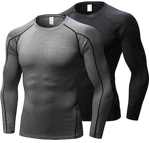LNFINTDO 2 Pack Mens Compression Tops Base Layer Long Sleeve for Men T-Shirt Quick Dry Sport Tops for Workout Athletic Training Cycling Gym