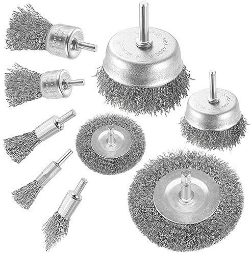 Wire Brushes Drills Set 9 pcs,Metal Brushes with 1/4-Inch Shank Brush - Wire Brush Wheel, Cup Brush and Tube Brush Kit for Cleaning Rust, Removing Paint and Wood