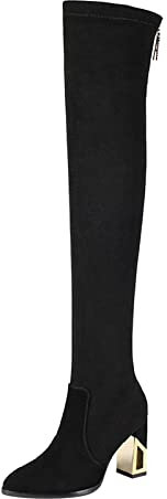 Stivali sopra il ginocchio con tacco a blocco, argento glitterato tinta unita Chunky tacco alto stretch sopra il ginocchio stivali bianchi 39 donna sopra il ginocchio, Nero , 38 EU
