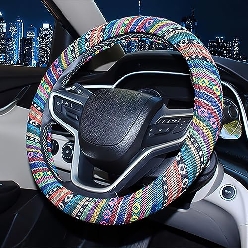 Lenkradbezüge im böhmischen Stil für Damen, universelle Passform, 38 cm Auto-Lenkrad, Leinenoberfläche mit Gummi-Innenseite, elastisch, rutschfest, atmungsaktiv, schweißabsorbierend