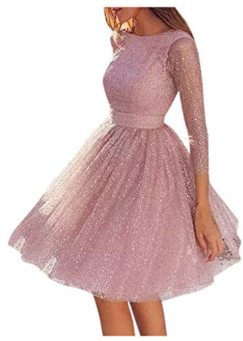 Nidddiv Robe de mariée courte en tulle - Col rond - Robe de bal - Robe de bal courte - Rose - Manches longues - Robe de soirée à paillettes - Robe de fête pour femme - Robe de mariée - Robe de fête,