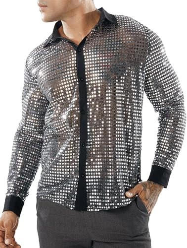 AIEOE Herren Glitzer Hemd Langarm Retro Party Hemd 70er Disco Kostüm Fasching Oberteile Pailletten Shirt Silber Herstellgröße XXL