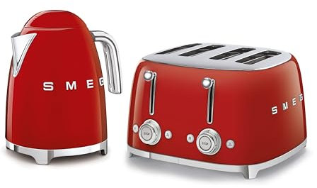 Smeg 50’s Style Retro Range Breakfast Set, 1.7L 3000W Kettle and Multi-Functional Control 4-Slice 2000W Toaster, Red, KLF03RDUK/ TSF03RDUK
