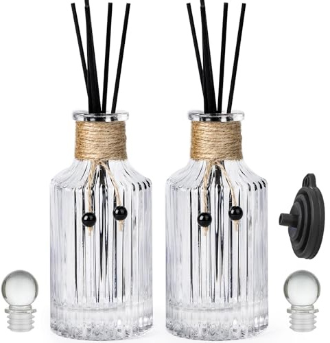 Reed Diffuser Bottle Set of 2 Glass Diffuser Bottles 8oz/250ml Empty Essential Oil Clear Decorative Bottle Set with Stoppers and Reed Sticks Bulk Reusable Perfume Jar