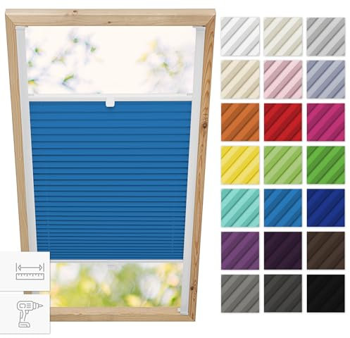Estika® Dachfenster plissee mit Bohren für Velux Fenster - Modell: P08 - Stofffarbe: Blau - Dachfenster Rollo, Fensterrollo innen, Fenster plissee
