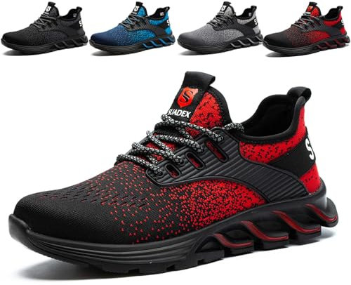 SUADEX Sicherheitsschuhe Arbeitsschuhe Herren Damen Leicht Arbeitsschutzschuhe Stahlkappenschuhe Atmungsaktiv mit Stahlkappe Rot 46 EU