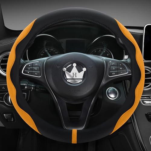 HighnessHwoo Luxuriöser Suede Auto Lenkradbezug, Komfort Lenkradabdeckung, weiches Leder, gepolsterte Räderabdeckung für Limousine, SUV, dünne Auto Griff Abdeckungen, Universelle, 37-38cm, Orange