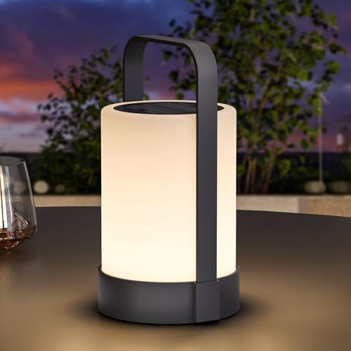 Solar Akku Outdoor Lampe aus Kunststoff LED Außen Tischleuchte per USB/Solar dimmbares Solar LED Tischlampe Tragbare kabelloses mit RBG 8 Farben für Tisch Bar BBQ Camping Garten Terrasses Wohnzimme