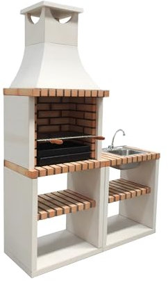 MOVELAR - Barbacoa de Obra Prefabricada de Leña y Carbón Modelo Nola Plus con Soporte Lateral y Fregadero (Blanco, Naranja - 141 x 47 x 221 cm) REF: M00141 - Cocina de Exterior para Jardín o Patio