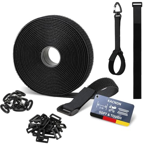 KACNON 5m x 2.5cm Klettband, Wiederverwendbar Klett Kabelbinder mit 25 Metallschnalle und 5 Dreiecksschnalle, Frei Zuschneidbar/Wiederverschließba, für Kabelmanagement,Gartenarbeit,Werkstätten,Schwarz
