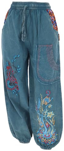 Weite Pluderhose mit breitem Bund und Blumenstickerei, jeansblau, S