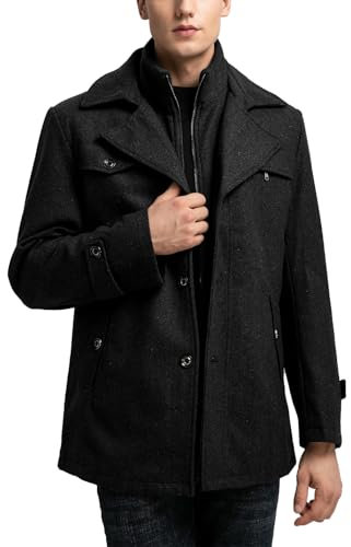 Sukany Men's Casual Wool Blend Trench Coat Warm Layered Collar Single Breasted Pea Coat with Detachable Zip Business Jacket Black XL