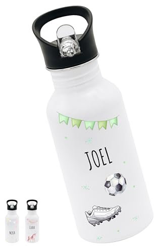 Bärenfreunde® - Personalisierte Trinkflasche Kinder Edelstahl [ 500ml ] - Robuste Trinkflasche mit Namen - Wasserflasche mit Trinkhalm - Personalisierte Geschenke für Kinder (Fußball Girlande)