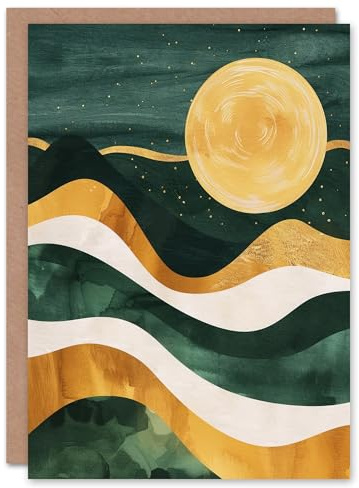 Artery8 Greeting Card Full Moon Over Mountains Green Gold Boho Abstract Blank For Him Or Her Art Birthday Card