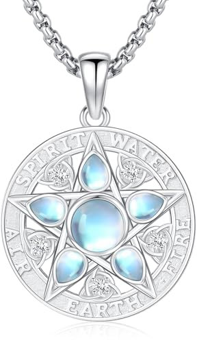 Aniu Pentagramm Pentacle Anhänger Halskette 925 Sterling Silber Mondstein Pentagramm Anhänger Wiccan Amulett Schmuck für Frauen Männer