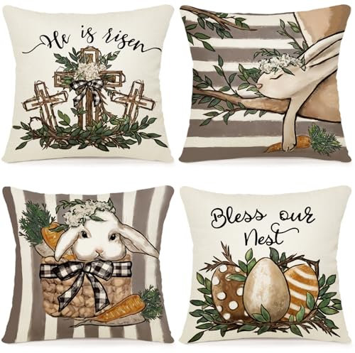 ZWJD Kissenbezug 40x40 Ostern 4er Set Outdoor Kissen Osterkissen Kissenhülle Leinen Kissenbezüge Osterdeko Modern Kissenhüllen für Sofa Wohnzimmer Zierkissen 40 x 40 cm