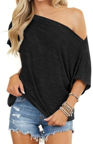 LACOZY Women Summer Off Shoulder Short Batwing Sleeves Sexy Tops Casual T Shirts Loose Fitting Summer Tops Black M