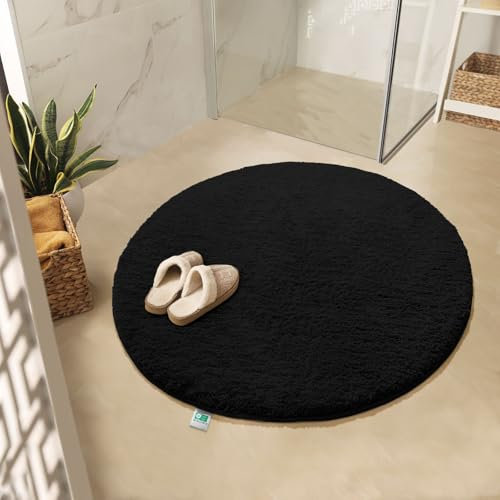 KARAT Badematte Sky, Badteppich in Rund, Dichtes, Flauschiges Wohlgefühl für Ihr Zuhause, Badvorleger rutschfest waschbar, schadstoffgeprüft (Schwarz, 120 cm (Rund))
