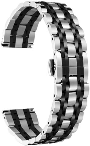 BINLUN Edelstahl Uhrenarmbänder 12-24mm SmartWatch Ersatzband Metall uhrarmband für Damen&Herren 7 Farbe kompatibel mit Samsung Galaxy Watch 6, kompatibel mit Garmin Vivoactive 3(Silber-Schwarz,20mm)