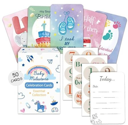 HAGOT 50PCS Meilensteinkarten Baby, Mit handgemalten Boho Illustrationen, Monatskarten, mit beschreibaren Rückseiten