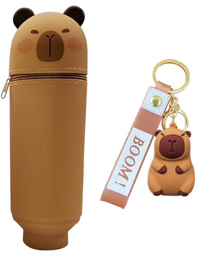 ZGCXRTO Capybara Stiftetasche & Schlüsselanhänger Set, weichem Silikon 2in1 Schulmäppchen, Kawaii Tischstifthalter Federmäppchen, Reißverschluss, Buntstifte Marker Mäppchen Tiere mit Schlüsselring