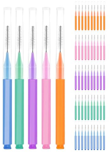 TPZORJX 50 Brossettes Interdentaire,Nettoyant Interdentaire Réutilisable avec Boite,Outil de Nettoyage Dentaire pour Nettoyer Espaces Interdentaires Etroits,pour Enfants,Hommes,Femmes(5 Couleurs)