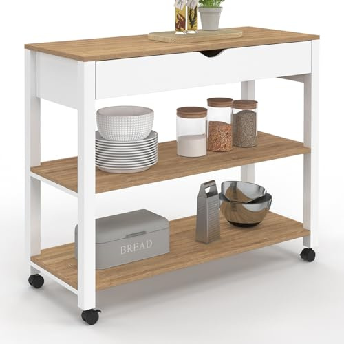IDMarket - Küchenwagen PENH XXL mit Schublade und weißer Arbeitsplatte, Buchenholzplatten B.100 CM