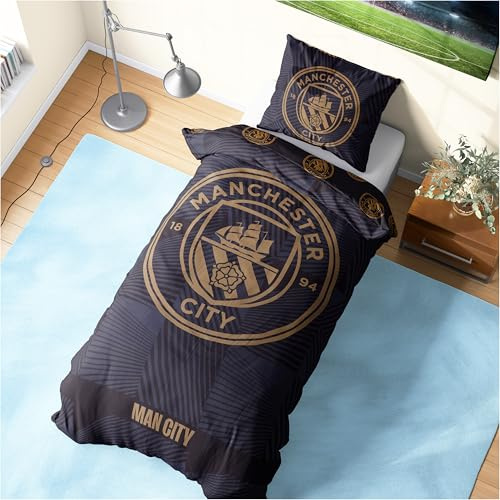 Get Trend Manchester City F.C. Bettwäsche 135x200 cm & Kissenbezug 50x75 cm, 2-in-1 Bettzeug Set zum Wenden, Fußball Geschenke für Jungs & Männer (Schwarz Manchester City, Single)