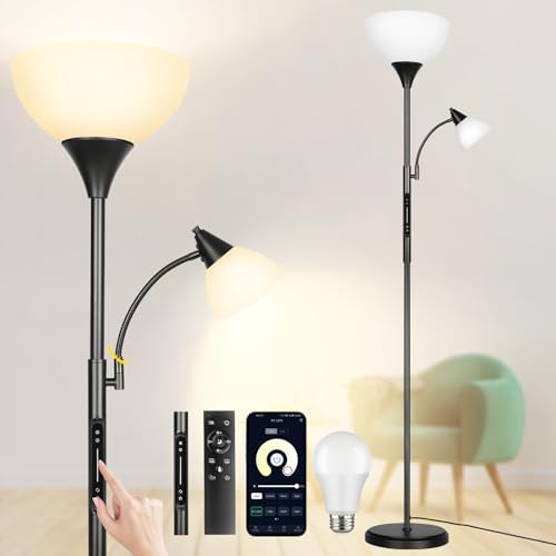 GOOGO Stehlampe Wohnzimmer mit 2 Leuchten, 4 Farbtemperaturen, Stehlampe Dimmbar mit Touch Steuerung, App und Fernbedienung, Stehleuchte Schlafzimmer mit 1-Stunden Timer, Speicher Funktion