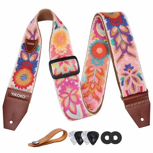 YIKOKO Gitarrengurt 5,1 cm Baumwolle Gitarrengurte mit Vollnarbenlederende für Bass-, Elektro- und Akustikgitarren