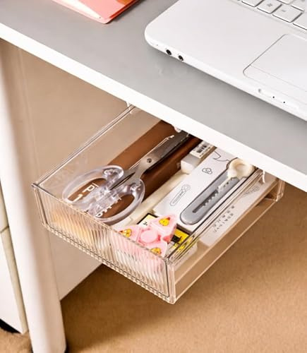 AWOI Compact Under Desk Drawer Organiser, Small Self-Adhesive Slide-Out Tray for Stationery, Cables & Remotes, Shatterproof Clear Hidden Storage for Office, Desk or Shelves (Not for Bulky Clothing)