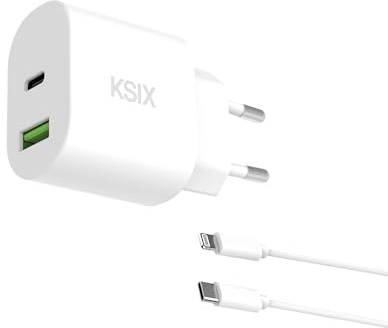 KSIX Cargador de Red 30W, Cable USB-C a Lightning 1 m, Carga rápida, Power Delivery, GAN, Blanco