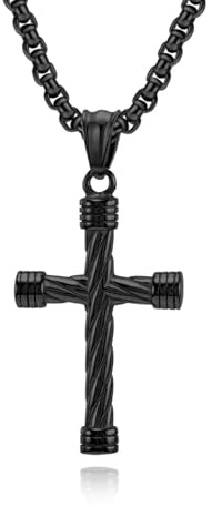 Stfery Herren Halskette Edelstahl Kreuz Verdrehter Anhänger, Schwarz Kette Punk 30x50mm