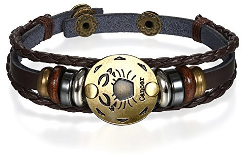 JewelryWe Schmuck Punk Modisch 12 Sternbilder Sternzeichen Herren Damen Charm Armband Geflochten Leder Legierung Multilayer Armreifen, 1/12 Stück - Krebs