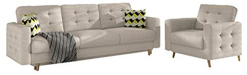 MOEBLO Couchgarnitur 3+1 Sofa 3-Sitzer + Sessel Sofa Garnitur Stoff Glamour Wohnlandschaft - Aslan (Beige (Paros 2+Zigzazg53))