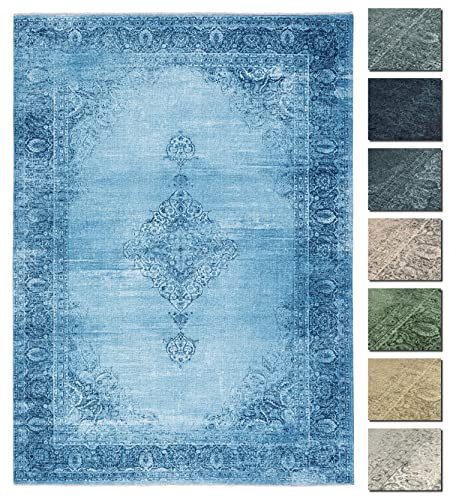 TESSO LIVING Kelim Vintage Teppich Wohnzimmer Jeans Blau 155 X 225 cm - Moderner Kurzflor Teppich - Super Soft