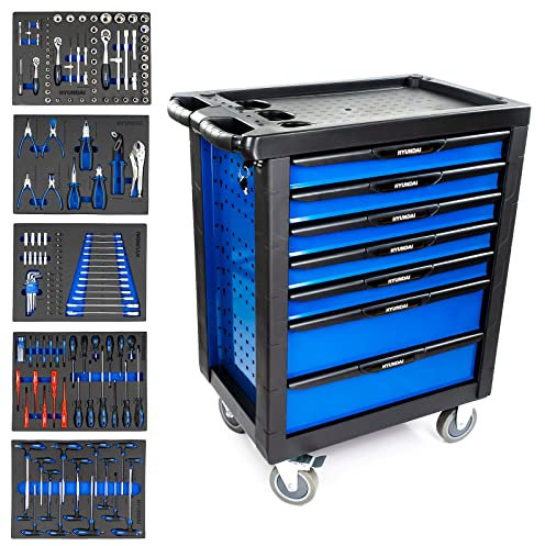 Hyundai Tool Chest with Tools Included, 175 piece DIY & Automotive Tools, 7 Drawer, Castor Mounted, Rolling Tool Cabinet, Double-depth tool storage - 2 Year Warranty
