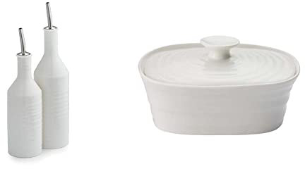Portmeirion Home & Gifts CPW78894-XP Oil & Vinegar Drizzler Set, Porcelain, White, 7 x 7 x 26.5 cm & Home & Gifts Covered Butter Dish, Porcelain, White, 12 x 15.5 x 6 cm