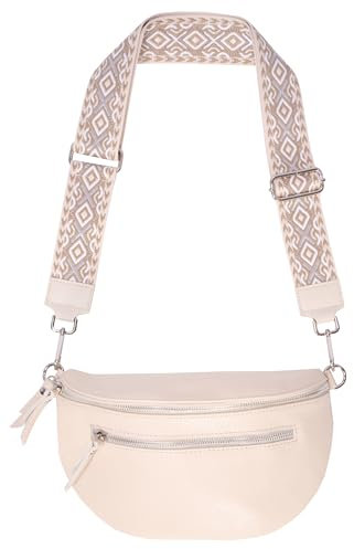 Große Gürteltasche Crossbody Bag aus 100% Echtleder mit breitem Gurt und 2 Zipper - Ella (Creme FF)