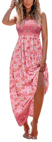 CUPSHE Robe longue d'été à smocks pour femme - Sans manches, avec bretelles spaghetti et volants - Longue robe de plage formelle, motif floral rose, Taille XS