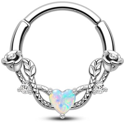 CM Crareesi Mania Septum Daith Piercing Silber Septum Clicker 16G Chirurgenstahl Scharnier Segmentringe 10mm Nasenpiercing Hoop Helix Knorpel Conch Tragus Piecing Ohr Schmuck mit Opal Herz Zirkon