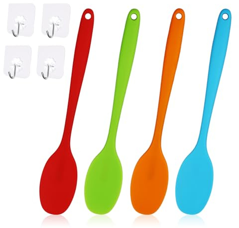 AMANDELIZABE Set di 4 cucchiai in silicone, resistenti al calore, cucchiaio in silicone per cucina, 27,7 cm di lunghezza, con 4 ganci Trasparenti